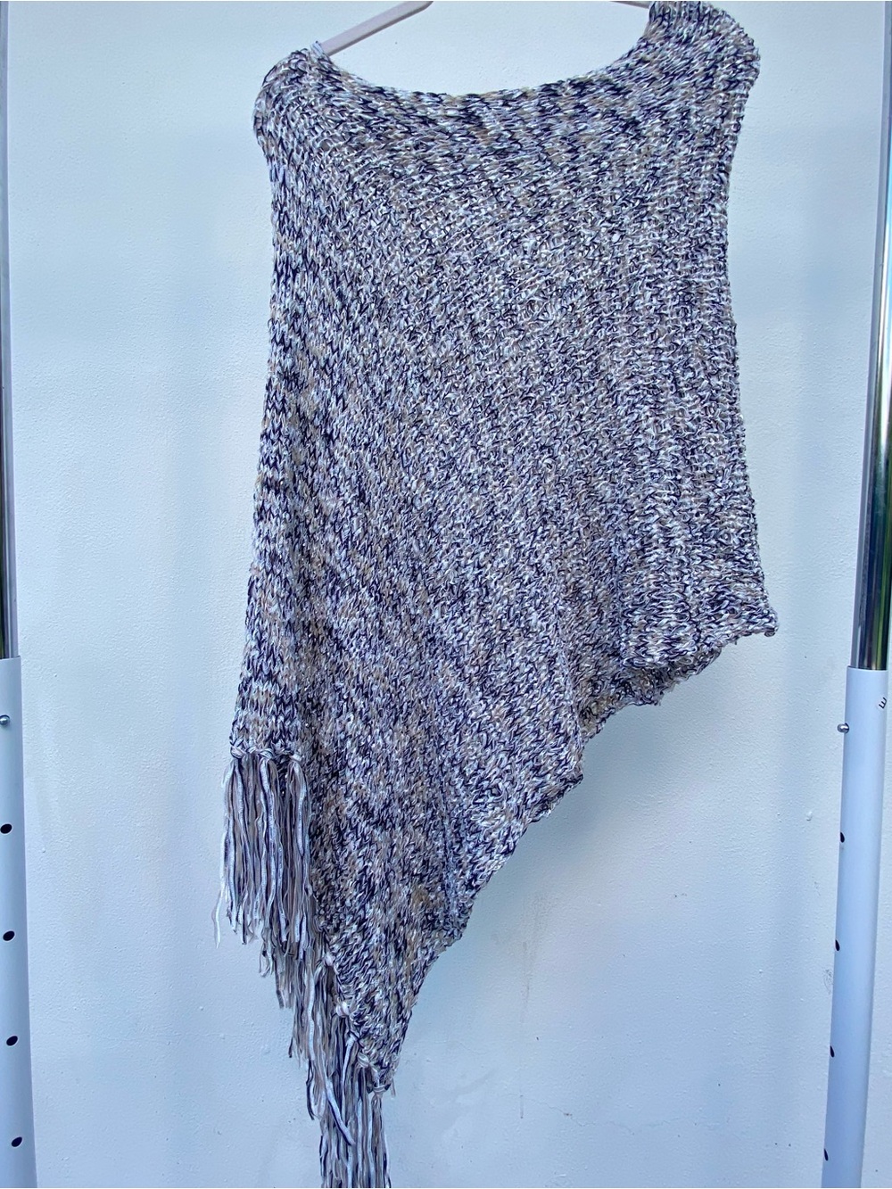 Y2K XOXO Tan Black & White Asymmetrical Fringe Knit Poncho One Size